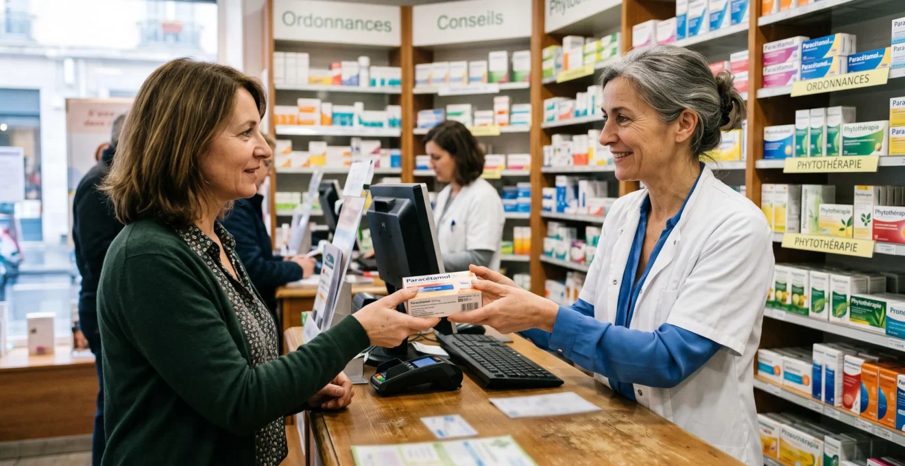 Pharmacien remettant une boîte de médicament à un patient au comptoir d'une officine après vérification de sérialisation
