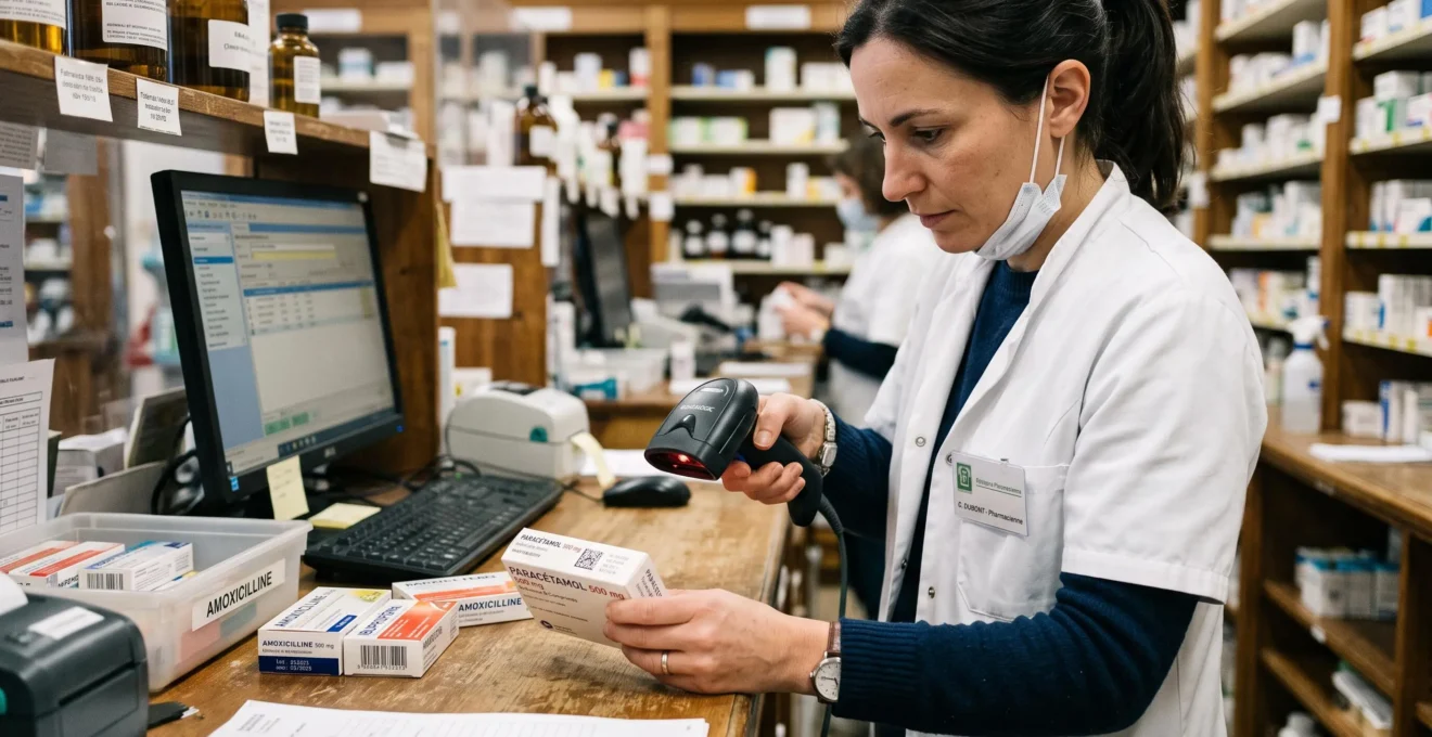 Pharmacien scannant le code DataMatrix d'une boîte de médicament avec une douchette dans une officine