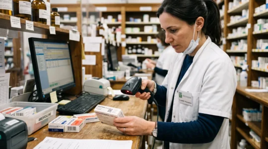 Pharmacien scannant le code DataMatrix d'une boîte de médicament avec une douchette dans une officine